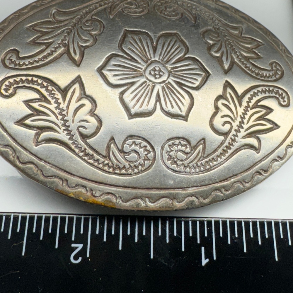Oval Western Floral Etched Belt Buckle Silver Tone‎ Vintage Cowboy Accessory - Picture 3 of 11